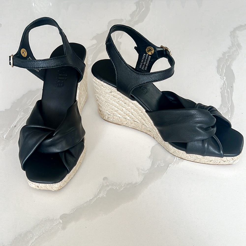 Jutelia Made in Spain Black Leather Open Toe Espadrille Wedge Sandals Womens 7.5